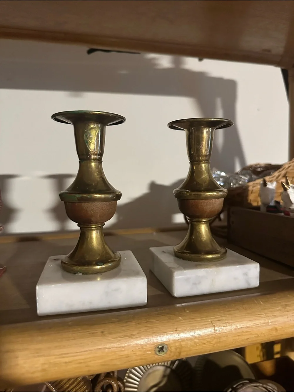 Vintage Brass and White Marble Candle Holders - Pair